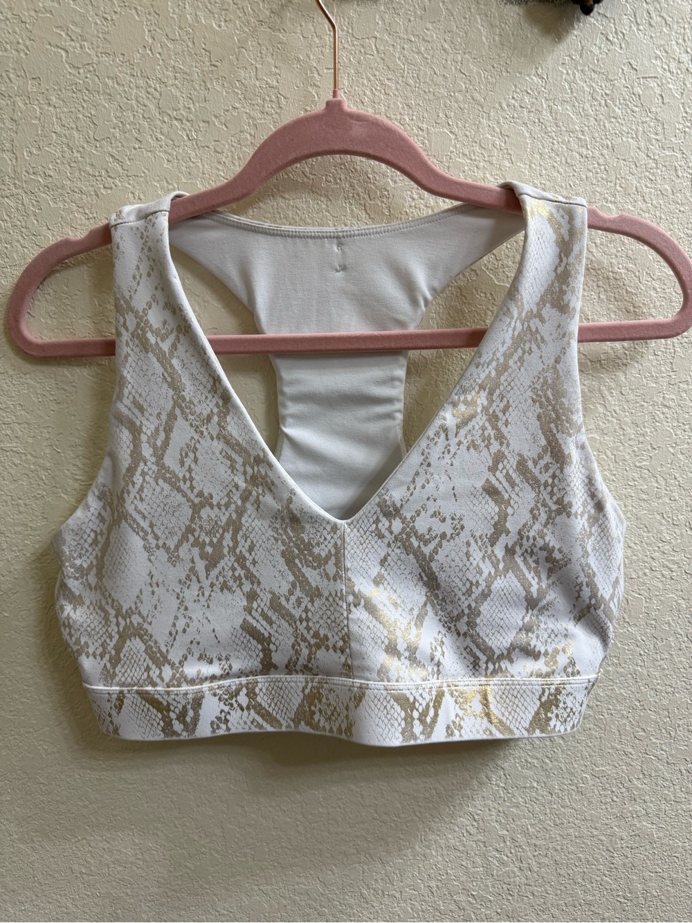 Fabletics White & Gold Snake Print Sports Bra